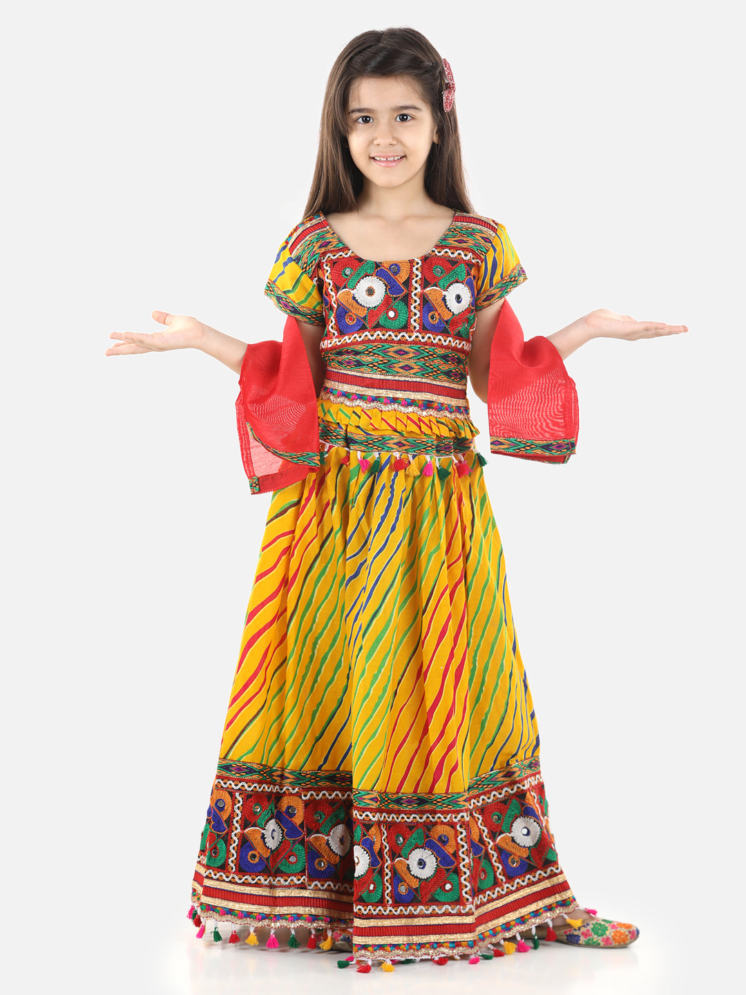 BownBee Kids Girls Navratri Dandiya  Garba Leheria Print Cotton Lehnga Choli With Dupatta- Yellow