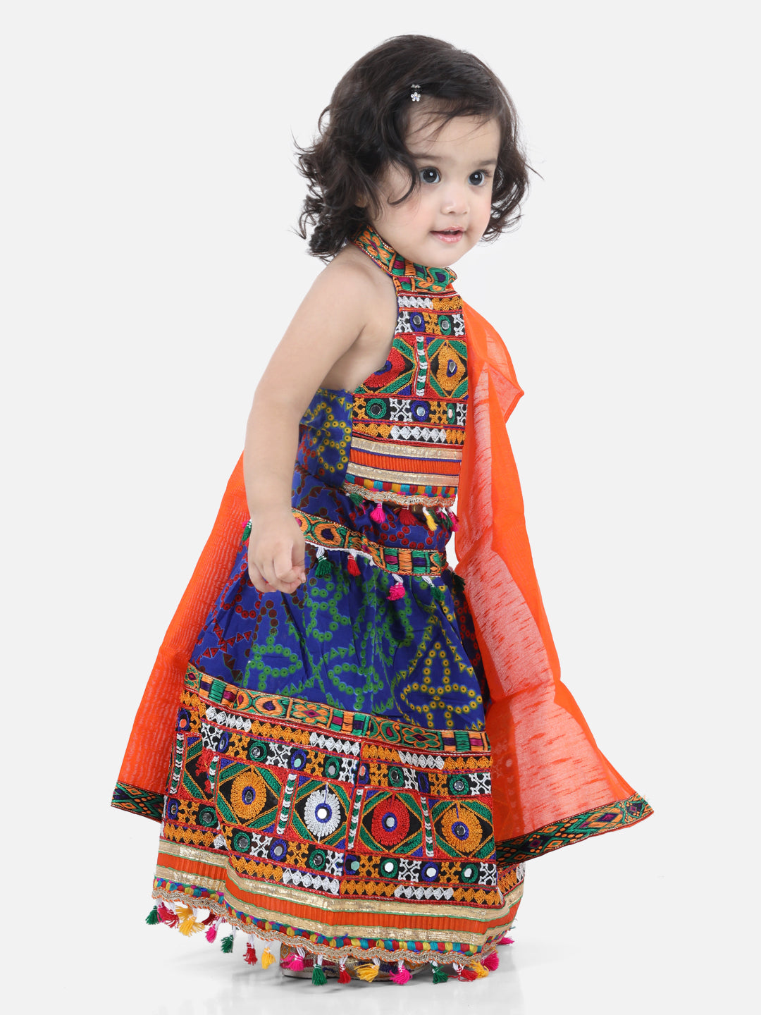 BownBee Gold Print Halter Neck Chaniya Choli- Blue