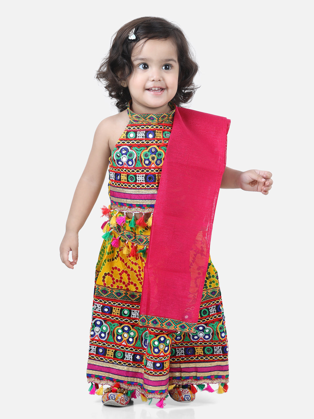 BownBee Gold Print Halter Neck Chaniya Choli- Yellow