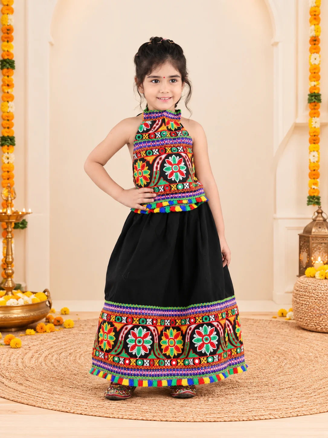 BownBee Kids Girls Navratri Dandiya  Garba Bandhani halter neck chaniya choli