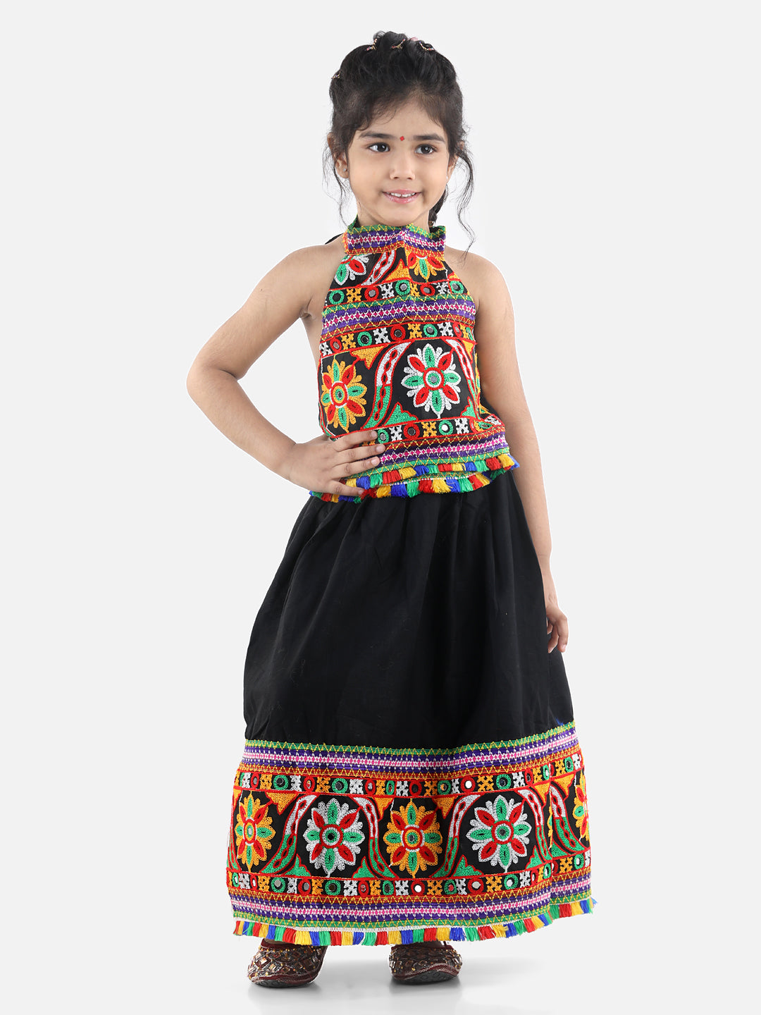 BownBee Kids Girls Navratri Dandiya  Garba Bandhani halter neck chaniya choli - Black