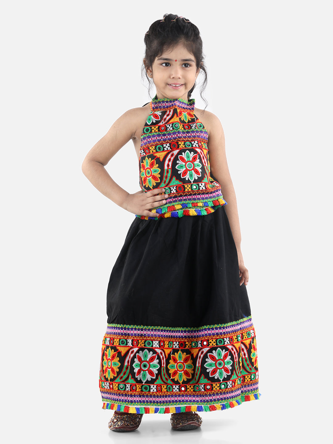 BownBee Sibling Embroidered kediya with Dhoti and Cap for Boys and Bandhani halter neck chaniya choli - Black