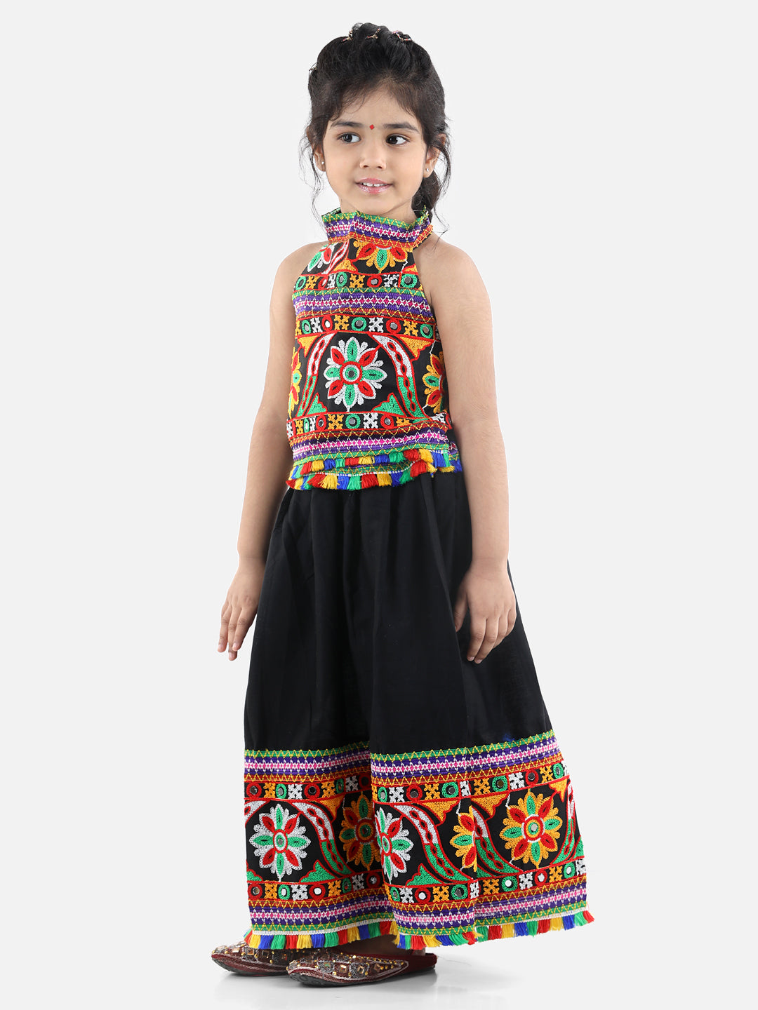 BownBee Sibling Embroidered kediya with Dhoti and Cap for Boys and Bandhani halter neck chaniya choli - Black