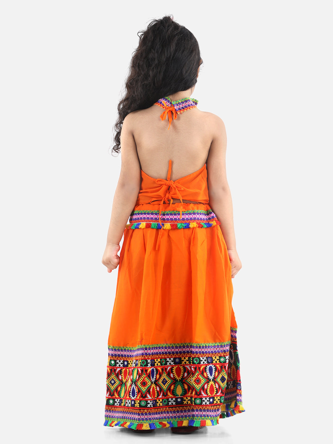 BownBee Kids Girls Navratri Dandiya  Garba Bandhani halter neck chaniya choli - Orange