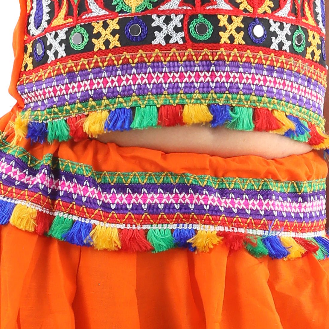 BownBee Sibling Embroidered kediya with Dhoti and Cap for Boys and Bandhani halter neck chaniya choli - Orange