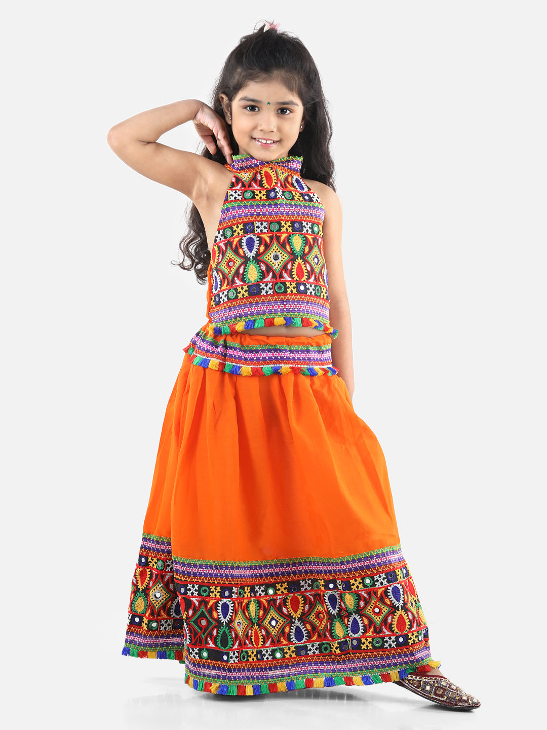 BownBee Sibling Embroidered kediya with Dhoti and Cap for Boys and Bandhani halter neck chaniya choli - Orange