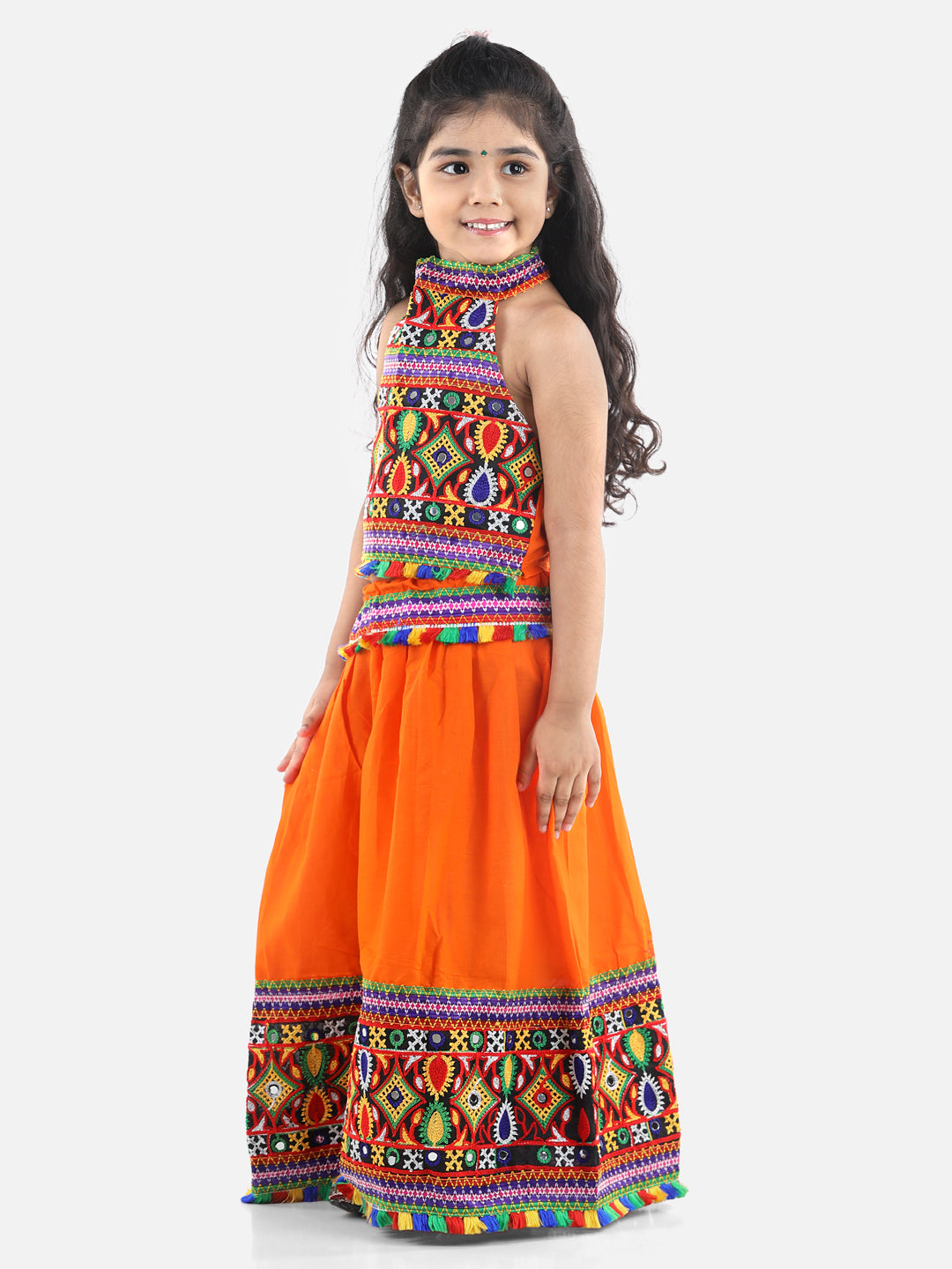 BownBee Kids Girls Navratri Dandiya  Garba Bandhani halter neck chaniya choli - Orange