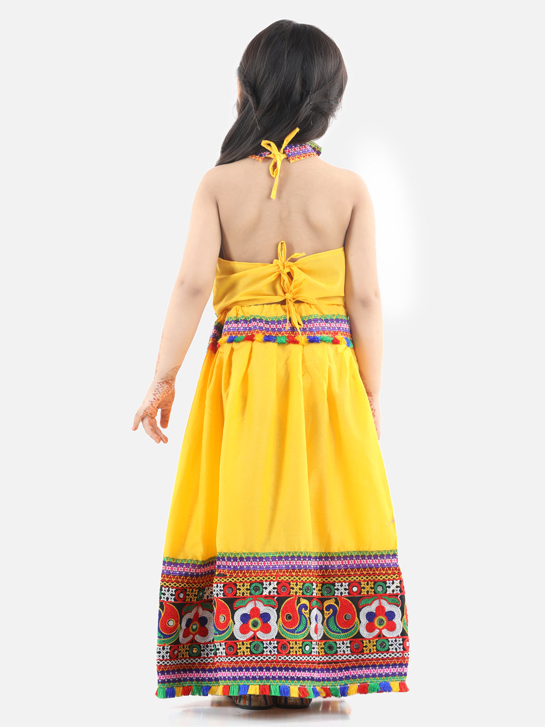 BownBee Sibling Embroidered kediya with Dhoti and Cap for Boys and Bandhani halter neck chaniya choli for Girls - Yellow