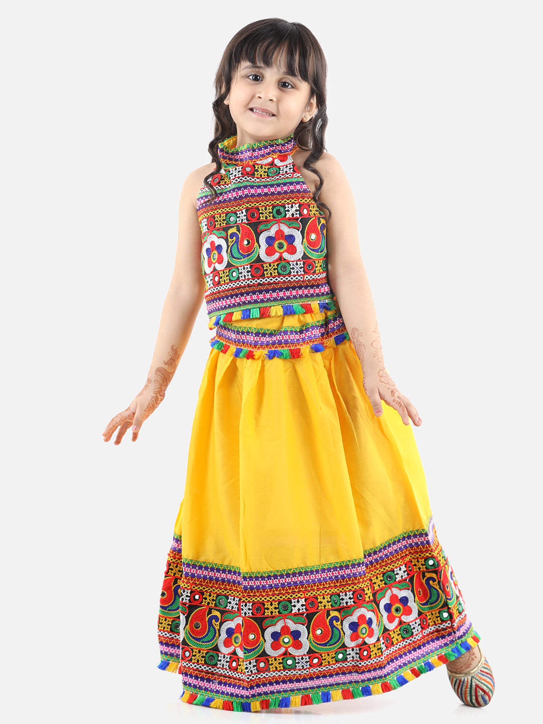 BownBee Sibling Embroidered kediya with Dhoti and Cap for Boys and Bandhani halter neck chaniya choli for Girls - Yellow