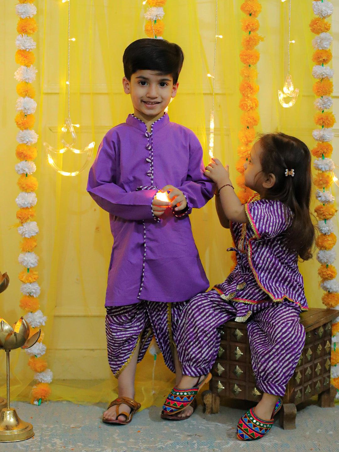 BownBee Front Open Cotton Full Sleeve Kurta with Dhoti and Pure Cotton Kaftan with Harem for Girls- Purple