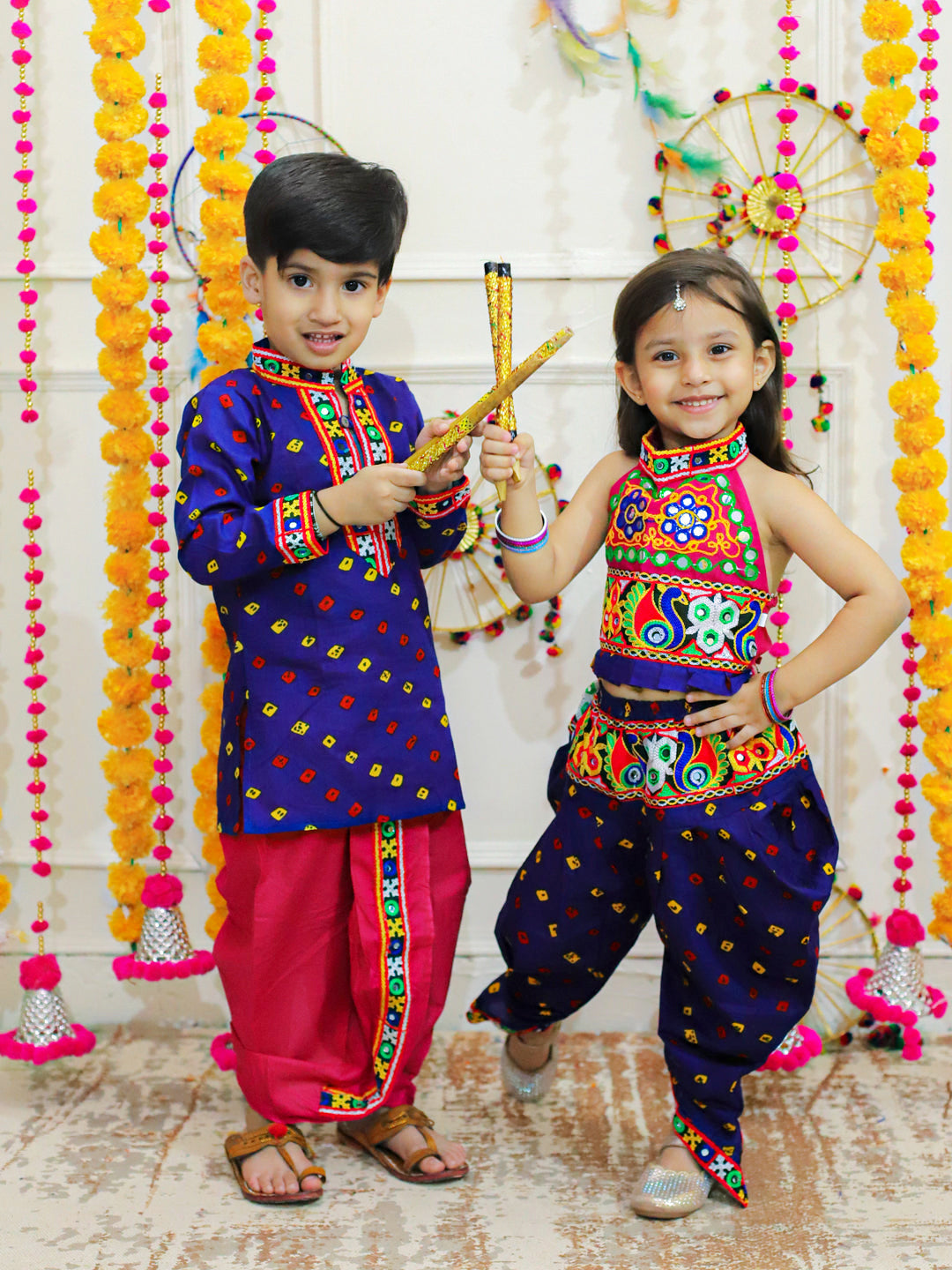 Bandhani Print Cotton Full Sleeve Dhoti Kurta For Boys and Black Halter Neck Choli With Dhoti For Girls-Blue