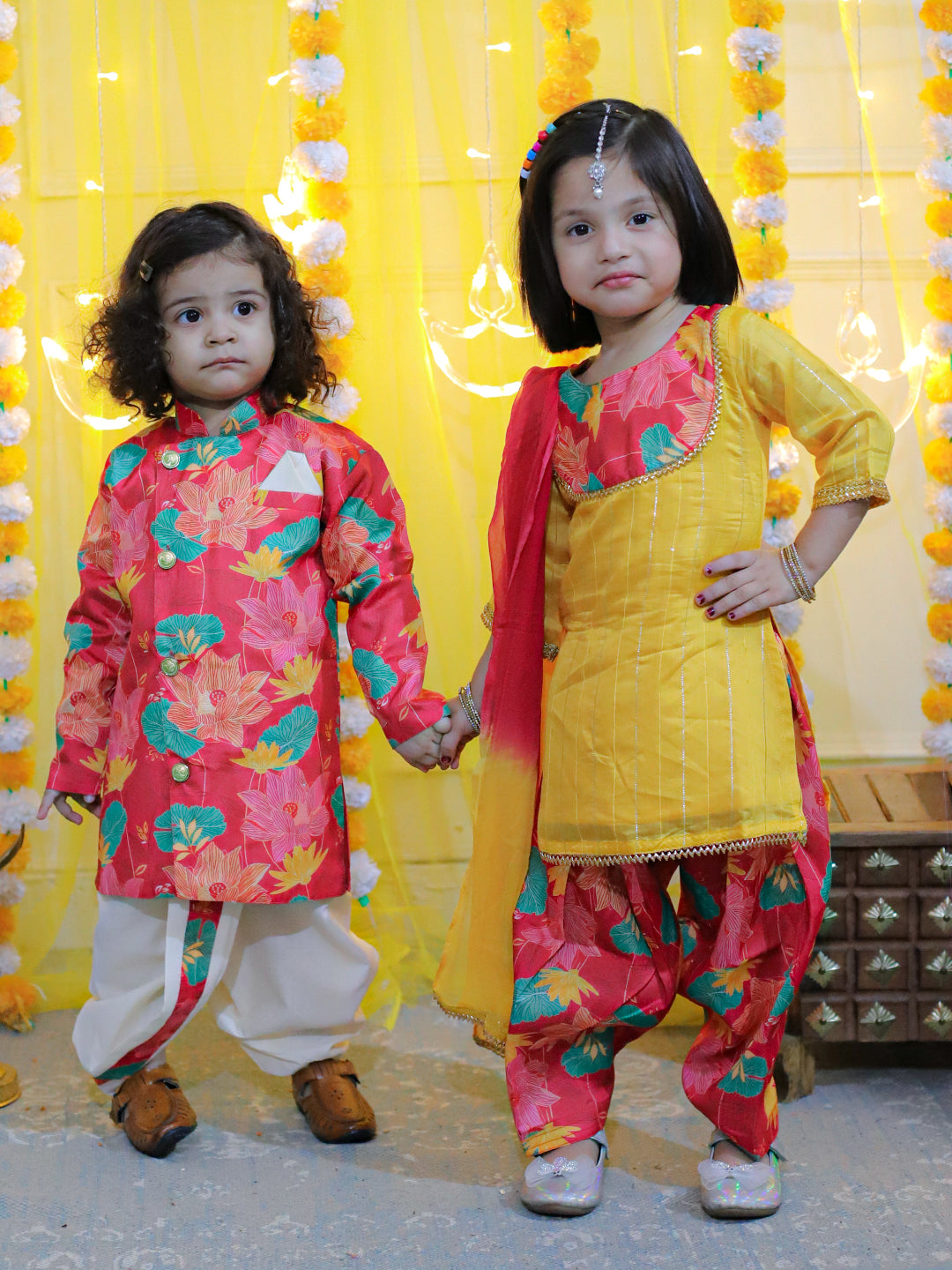 BownBee Printed Full Sleeve Sherwani with Cotton Dhoti and Chanderi Kurta with Printed Salwar and Dupatta for Girls- Yellow