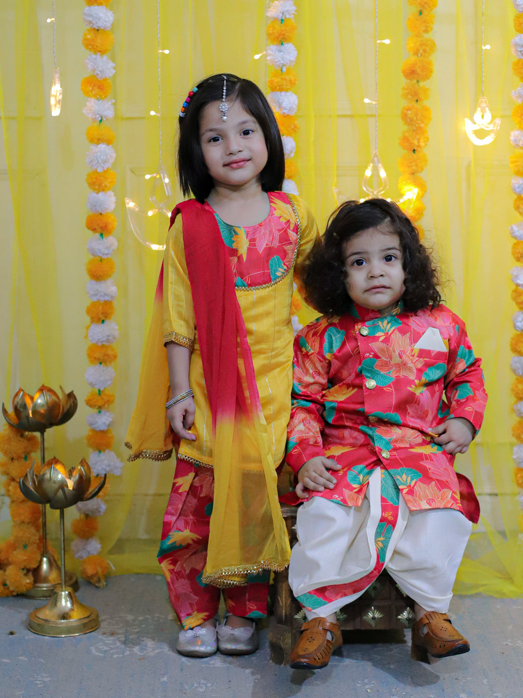 BownBee Printed Full Sleeve Sherwani with Cotton Dhoti and Chanderi Kurta with Printed Salwar and Dupatta for Girls- Yellow