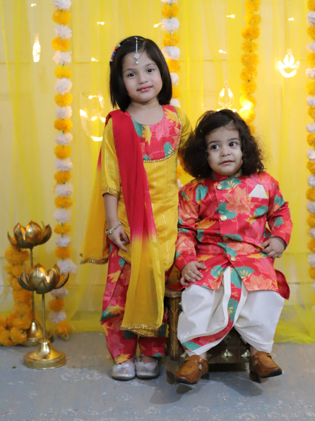 BownBee Printed Full Sleeve Sherwani with Cotton Dhoti and Chanderi Kurta with Printed Salwar and Dupatta for Girls- Yellow