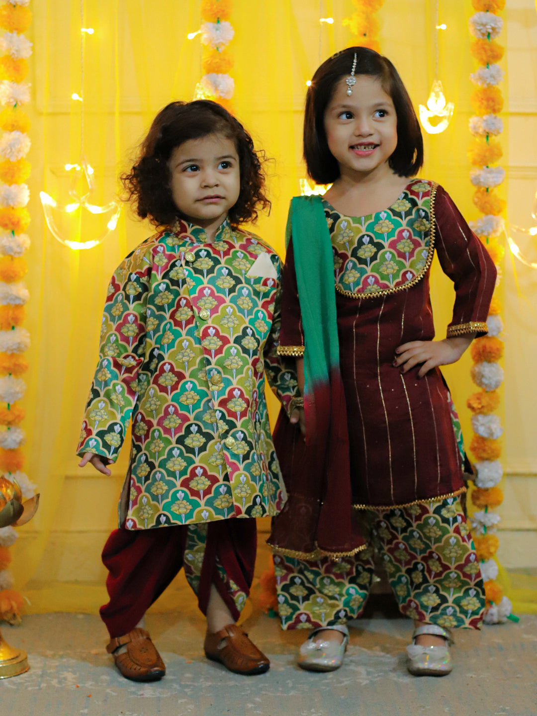 BownBee Printed Full Sleeve Sherwani with Cotton Dhoti and Chanderi Kurta with Printed Salwar and Dupatta for Girls- Maroon