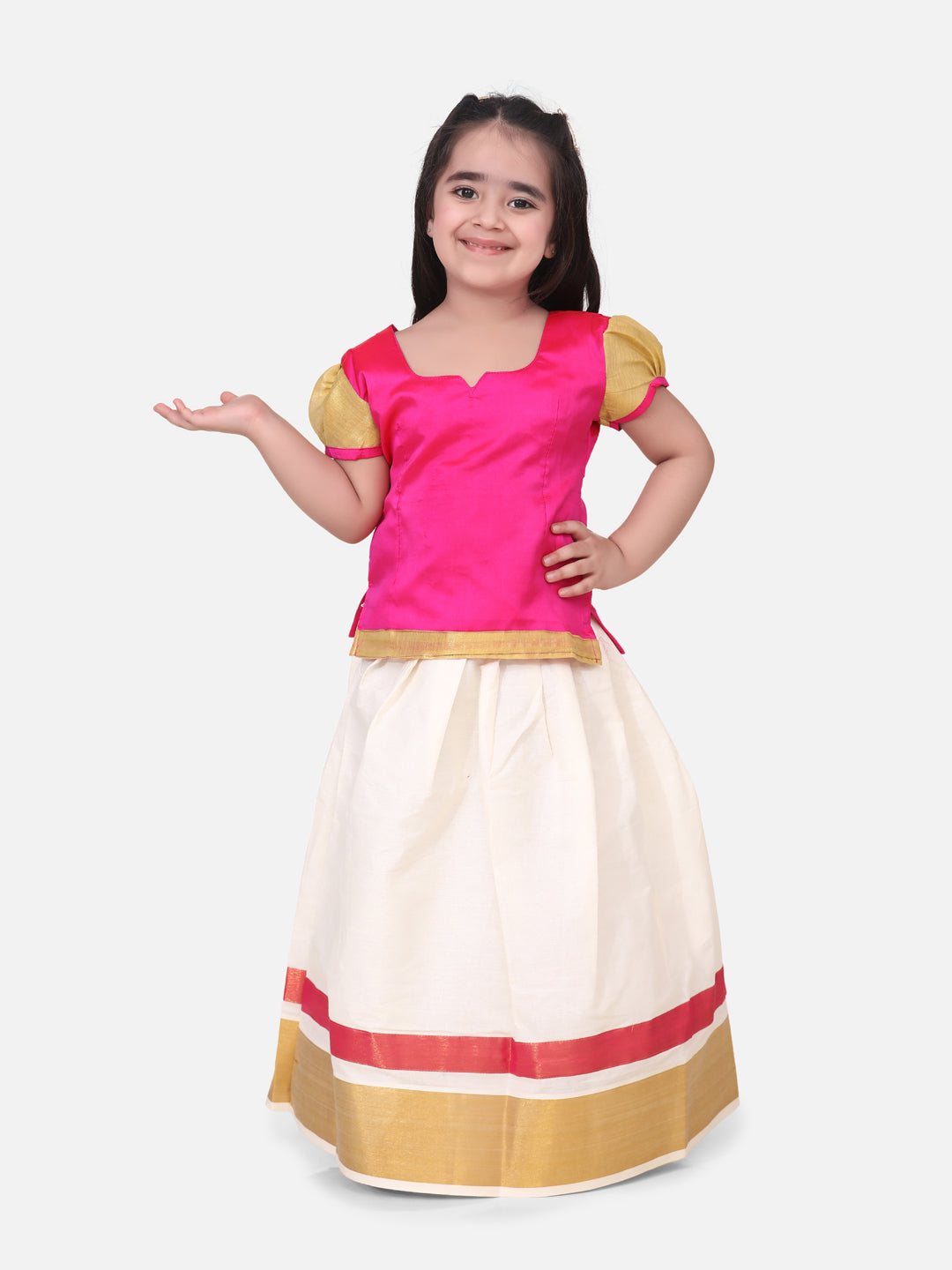 BownBee Short Sleeves Border Hem Pavda Pattu Lehenga - Pink