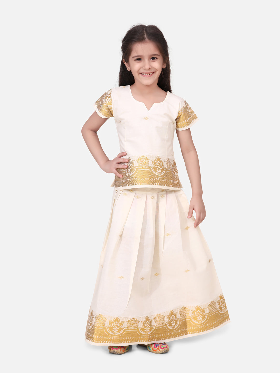 BownBee Cap Sleeves Pavda Pattu Lehenga - White