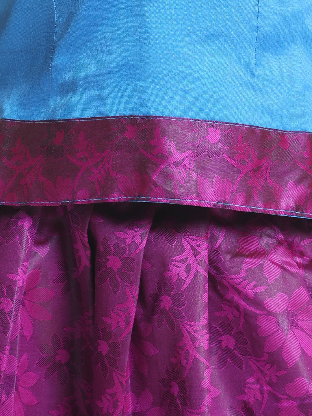BownBee Half Sleeves South Indian Choli With Flower Print Pavda Pattu Lehenga- Blue