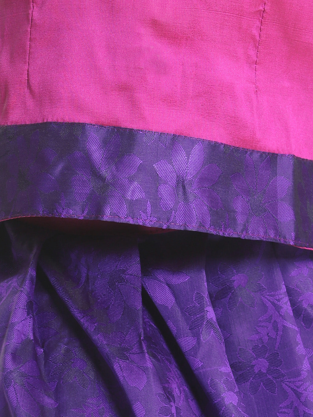 BownBee Half Sleeves South Indian Choli With Flower Print Pavda Pattu Lehenga- Pink