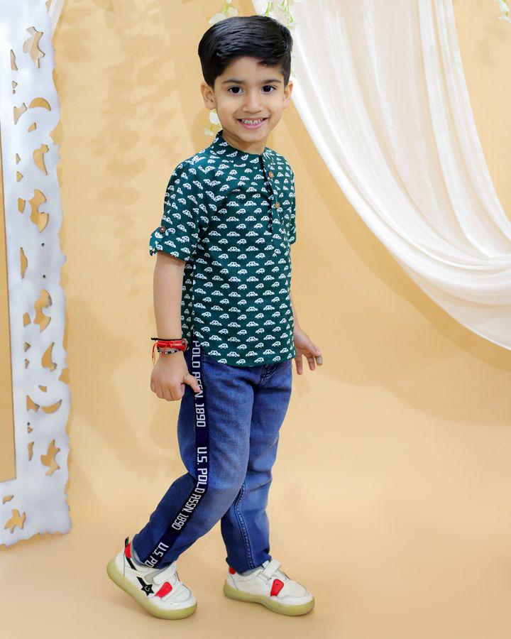 BownBee Pure Cotton Half Sleeve Printed Shirt for Boys- Green