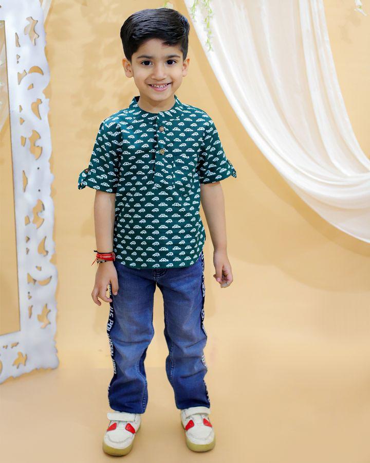 BownBee Pure Cotton Half Sleeve Printed Shirt for Boys- Green