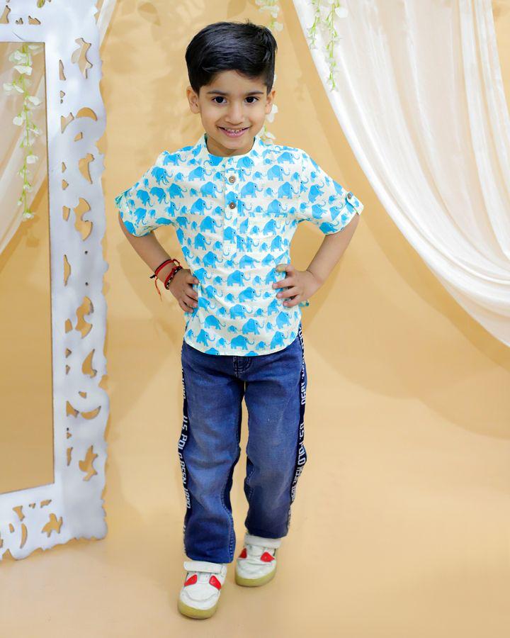 BownBee Pure Cotton Half Sleeve Printed Shirt for Boys- Blue