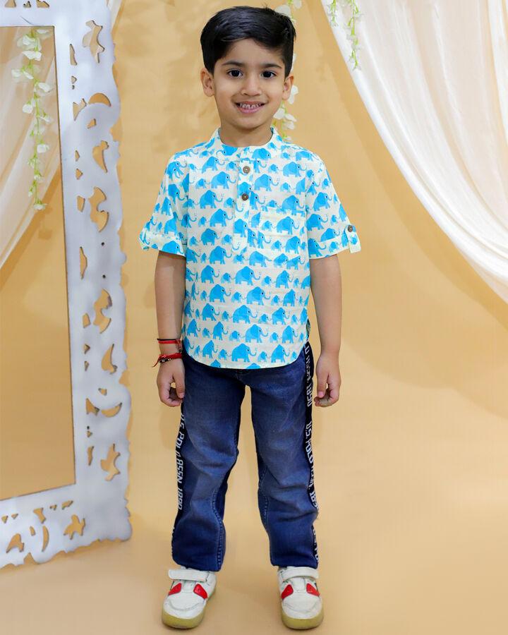 BownBee Pure Cotton Half Sleeve Printed Shirt for Boys- Blue