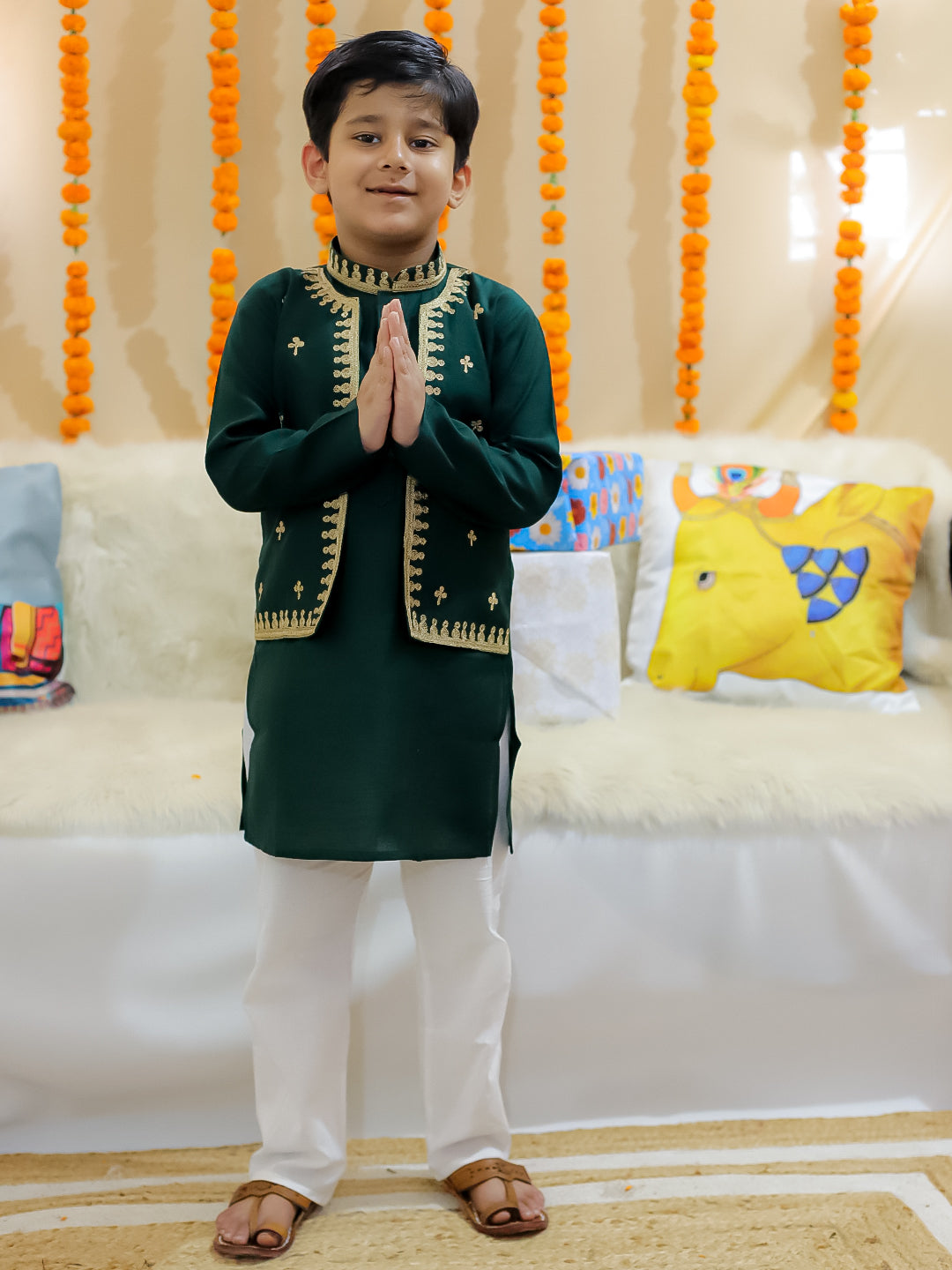 BownBee Sibling Set Embroidered Attached Jacket Kurta Pajama with Attached Jacket Kurti Dhoti- Green