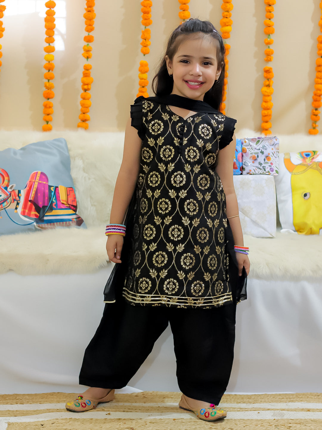 BownBee Sibling Set Pure Chanderi Front Open Sherwani Pajama with Kurti Salwar Dupatta Set- Black