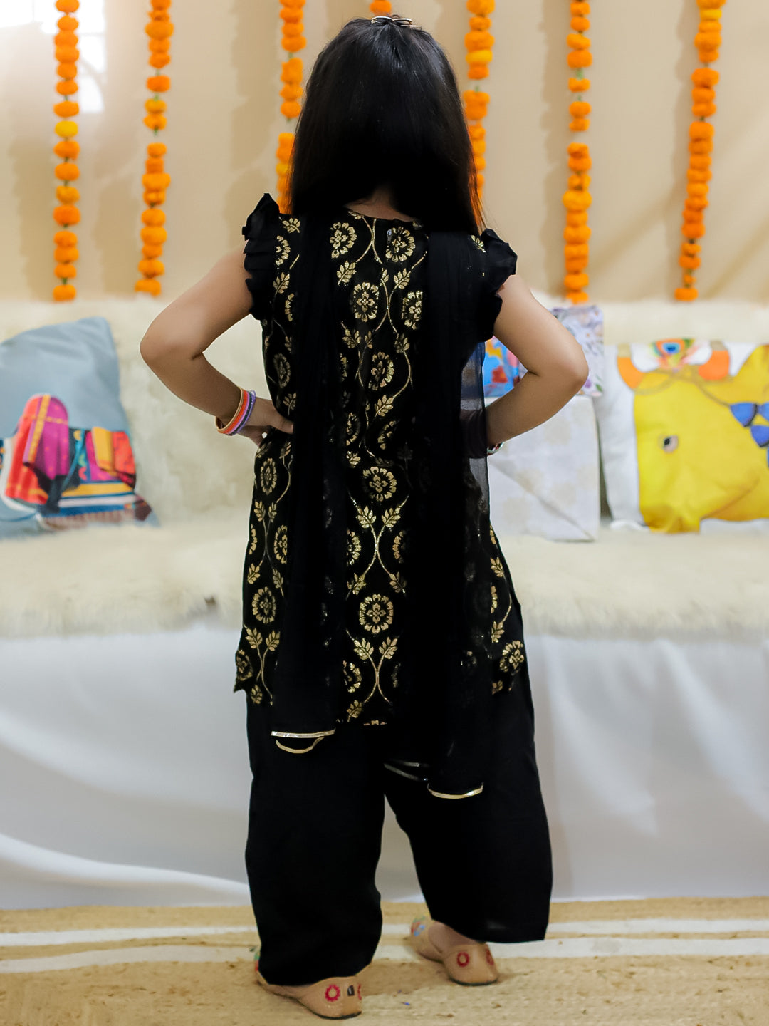BownBee Sibling Set Pure Chanderi Front Open Sherwani Pajama with Kurti Salwar Dupatta Set- Black