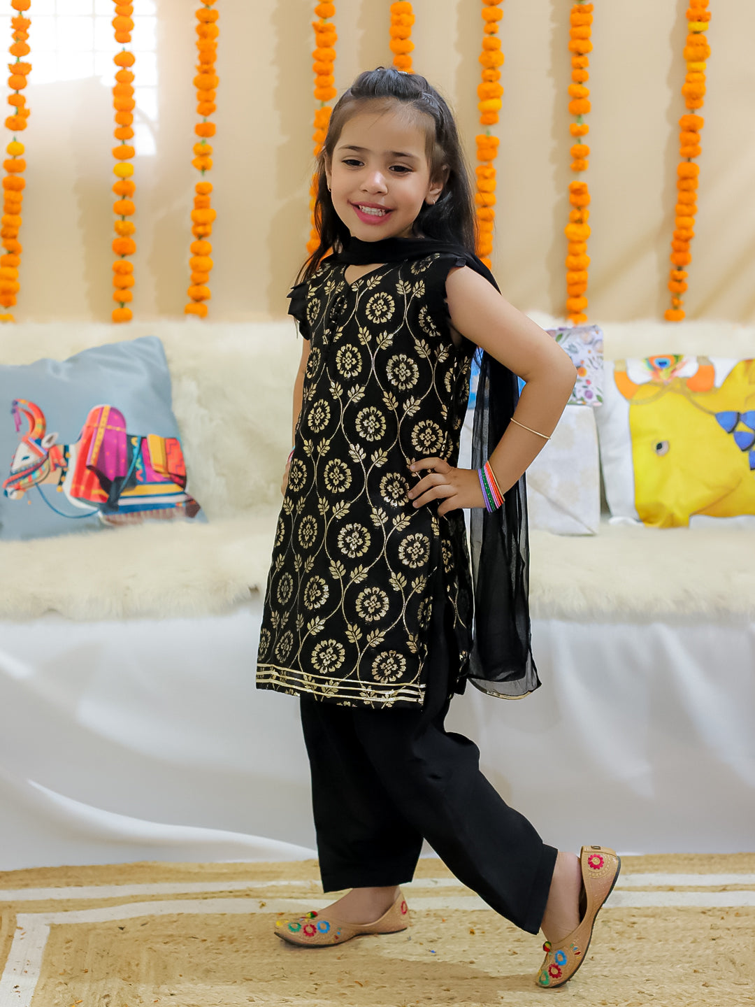 BownBee Sibling Set Pure Chanderi Front Open Sherwani Pajama with Kurti Salwar Dupatta Set- Black