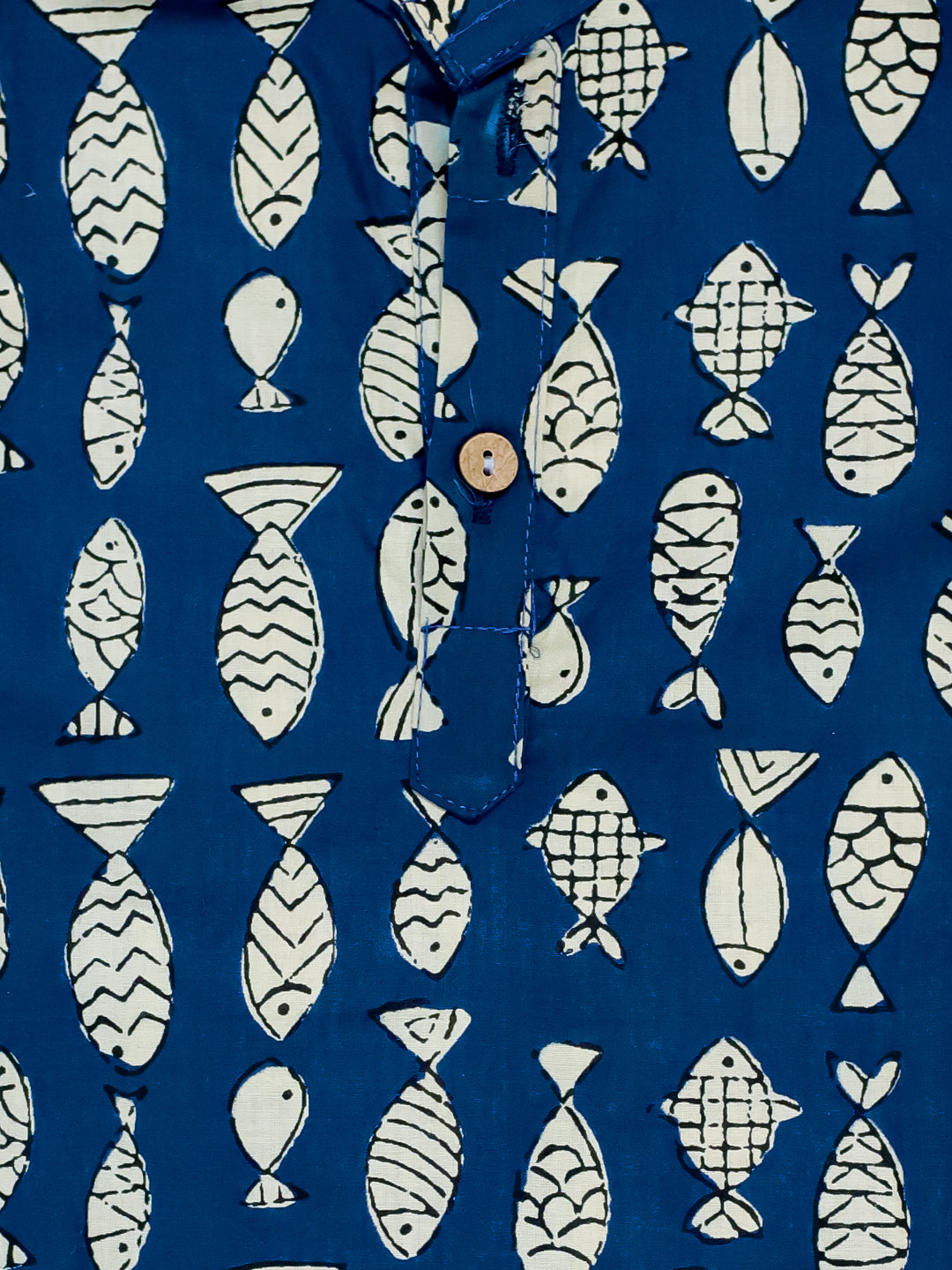 BownBee Sibling Set Fish Print Pure Cotton Kurta Pajama with Halter Neck Top Dhoti- Blue