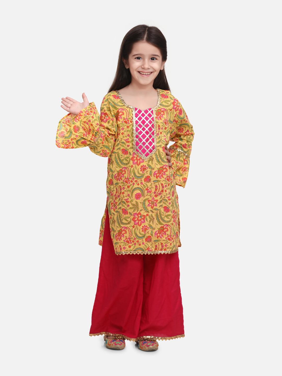 BownBee Full Sleeves Hand Block Print Kurti & Palazzo Set - Yellow & Pink