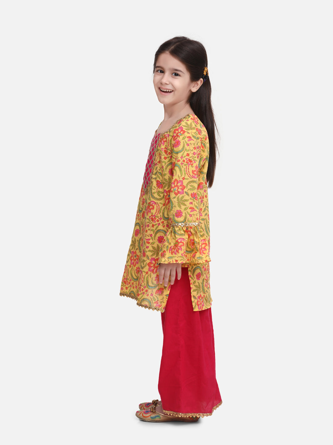 BownBee Full Sleeves Hand Block Print Kurti & Palazzo Set - Yellow & Pink