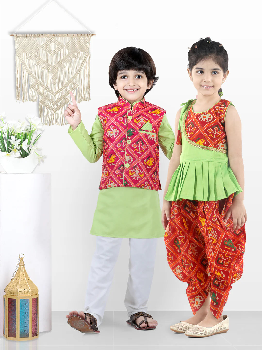 BownBee Sibling set of Patan Patola Jacket Kurta Pajama and Patch Top and Dhoti