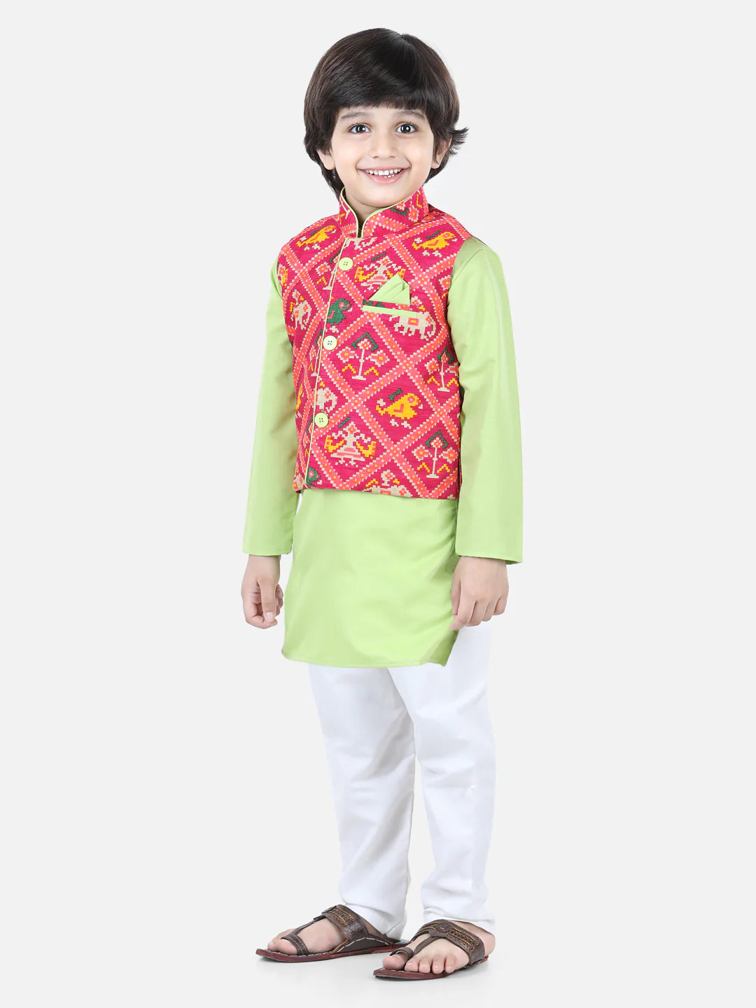 BownBee Sibling set of Patan Patola Jacket Kurta Pajama and Patch Top and Dhoti
