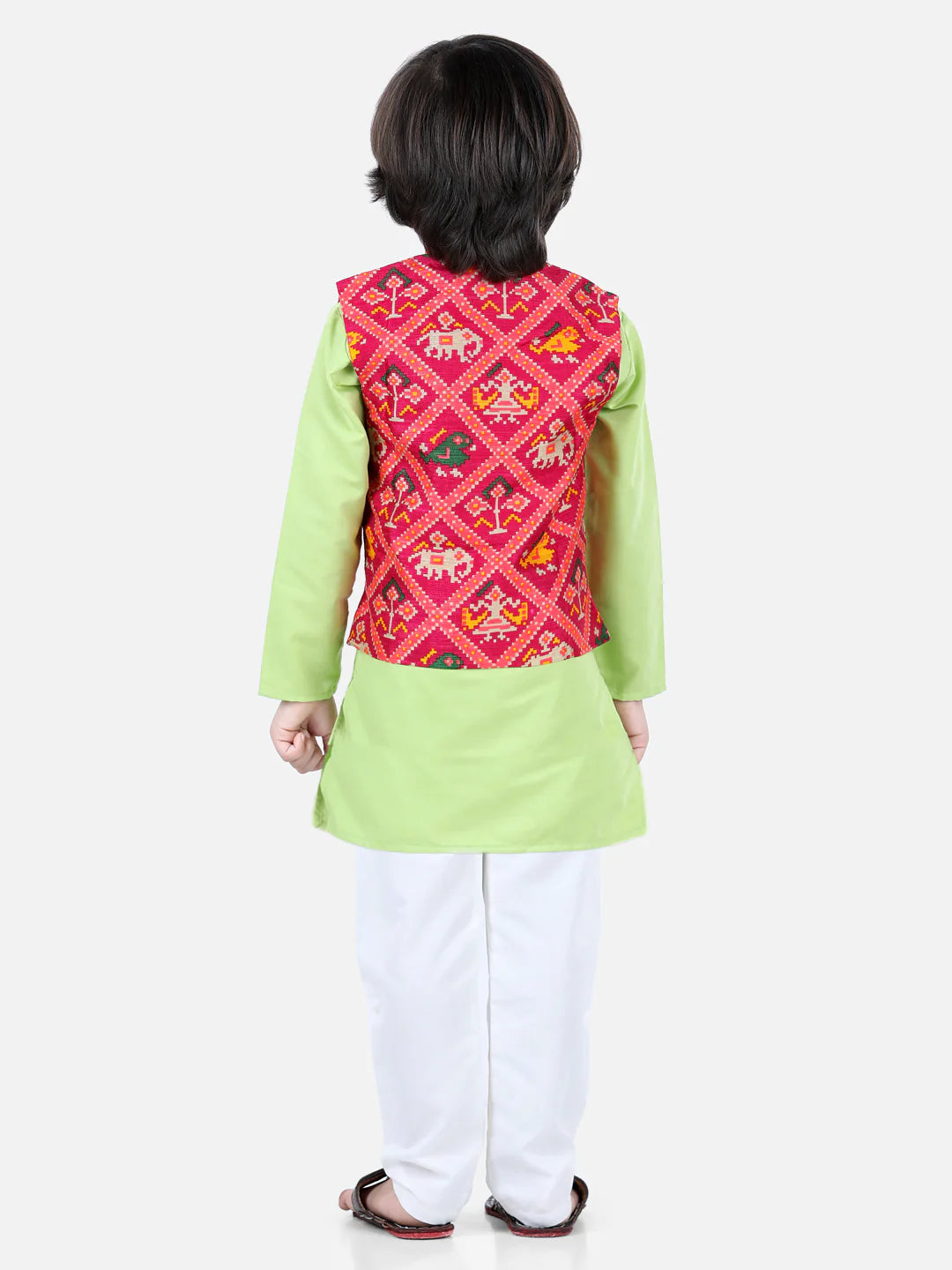 BownBee Sibling set of Patan Patola Jacket Kurta Pajama and Patch Top and Dhoti