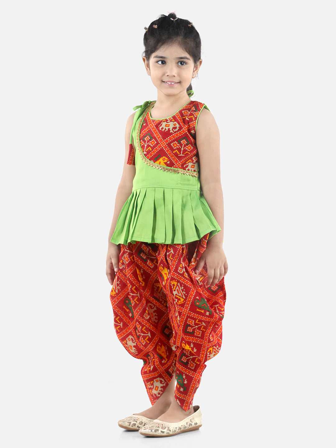 BownBee Sibling set of Patan Patola Jacket Kurta Pajama and Patch Top and Dhoti