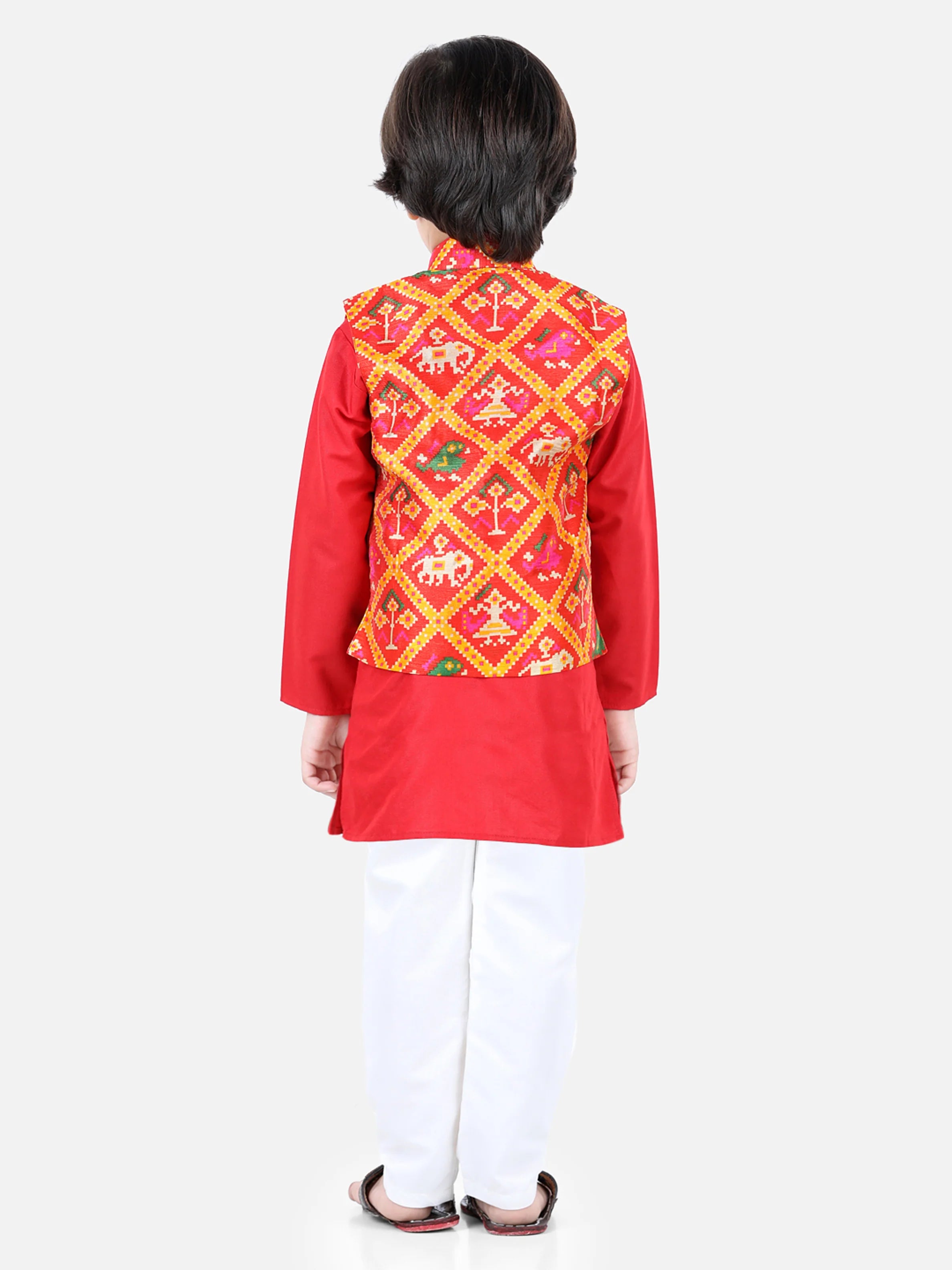 BownBee Sibling set of Patan Patola Jacket Kurta Pajama and Patch Top and Dhoti