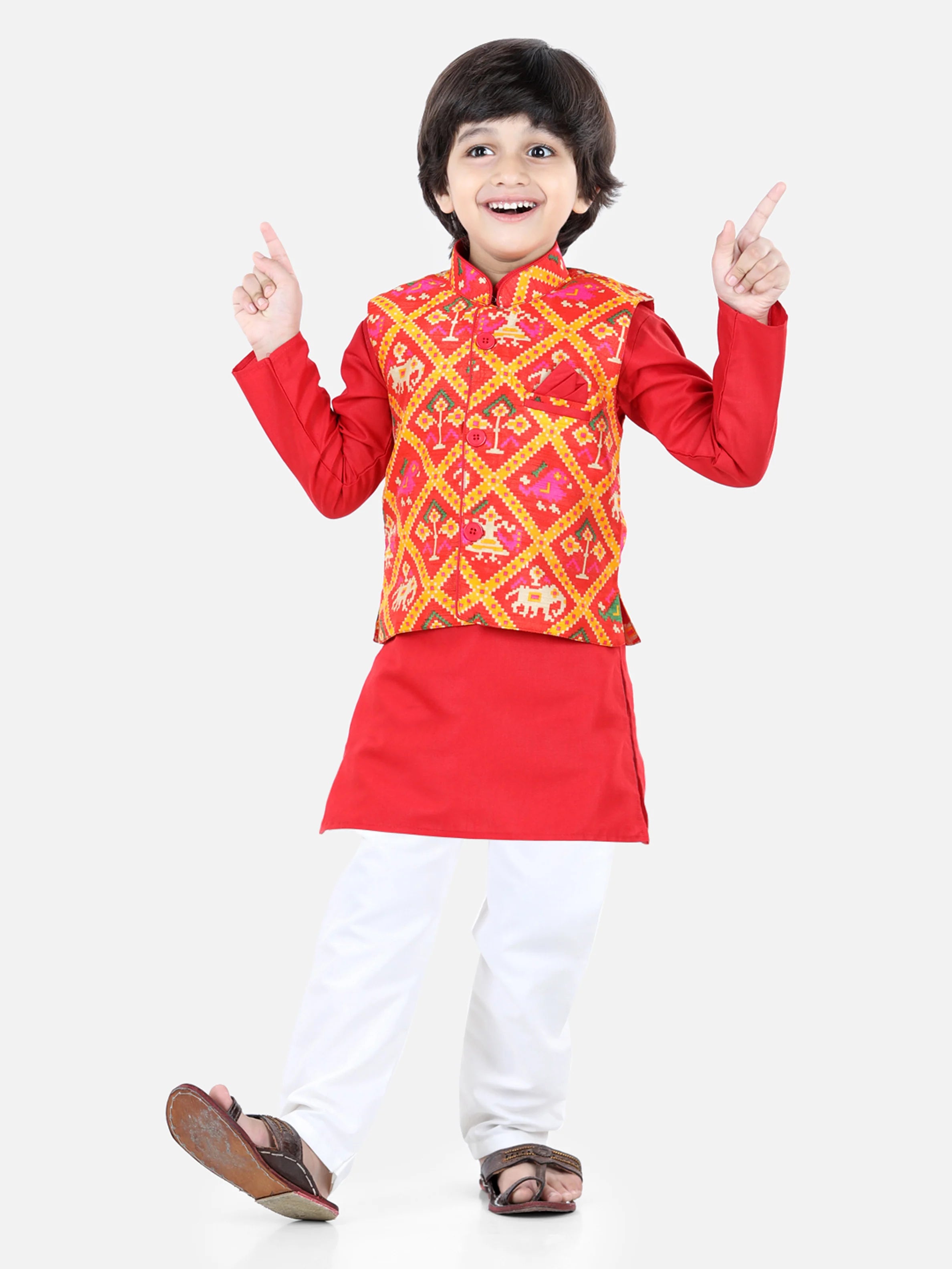 BownBee Sibling set of Patan Patola Jacket Kurta Pajama and Patch Top and Dhoti