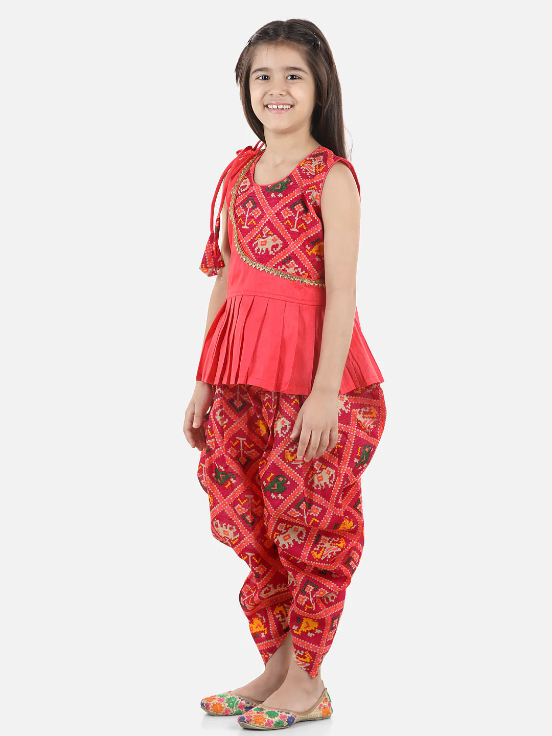 BownBee Sibling set of Patan Patola Jacket Kurta Pajama and Patch Top and Dhoti