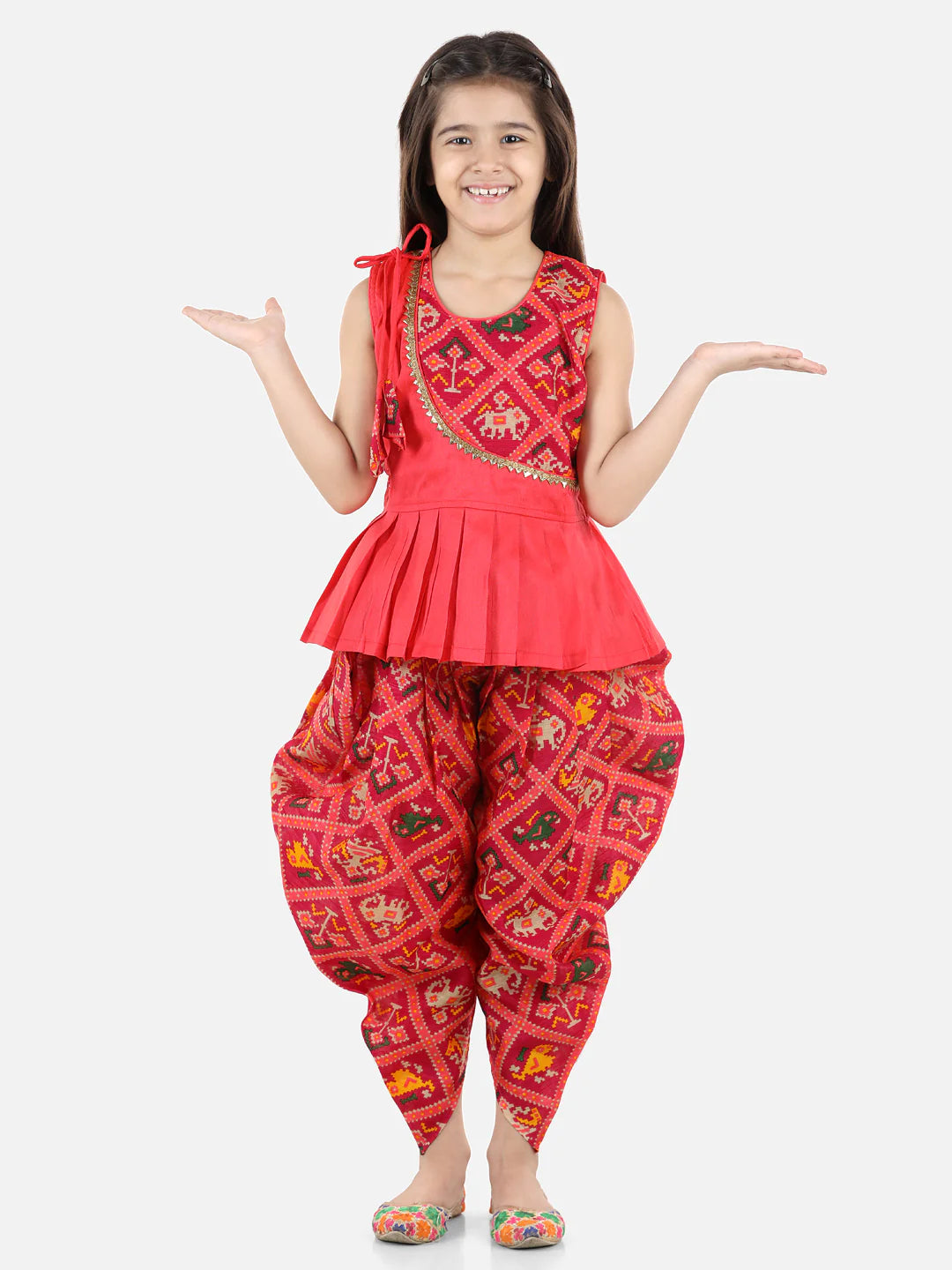 BownBee Sibling set of Patan Patola Jacket Kurta Pajama and Patch Top and Dhoti