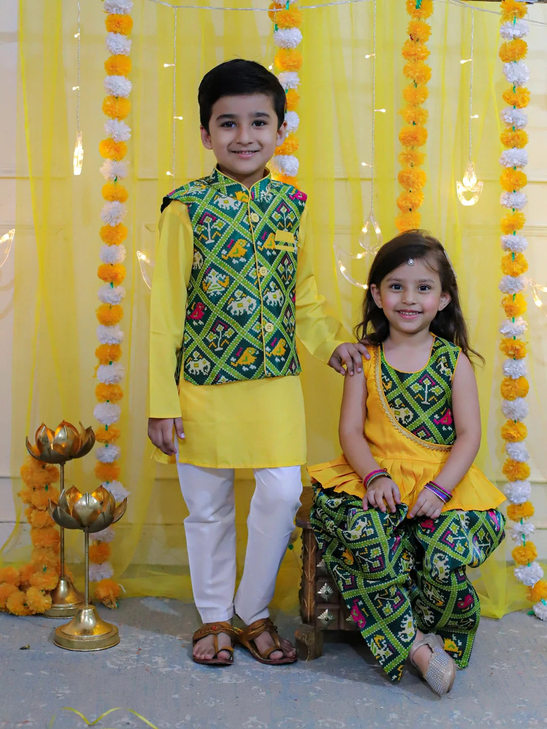 BownBee Sibling set of Patan Patola Jacket Kurta Pajama and Patch Top and Dhoti