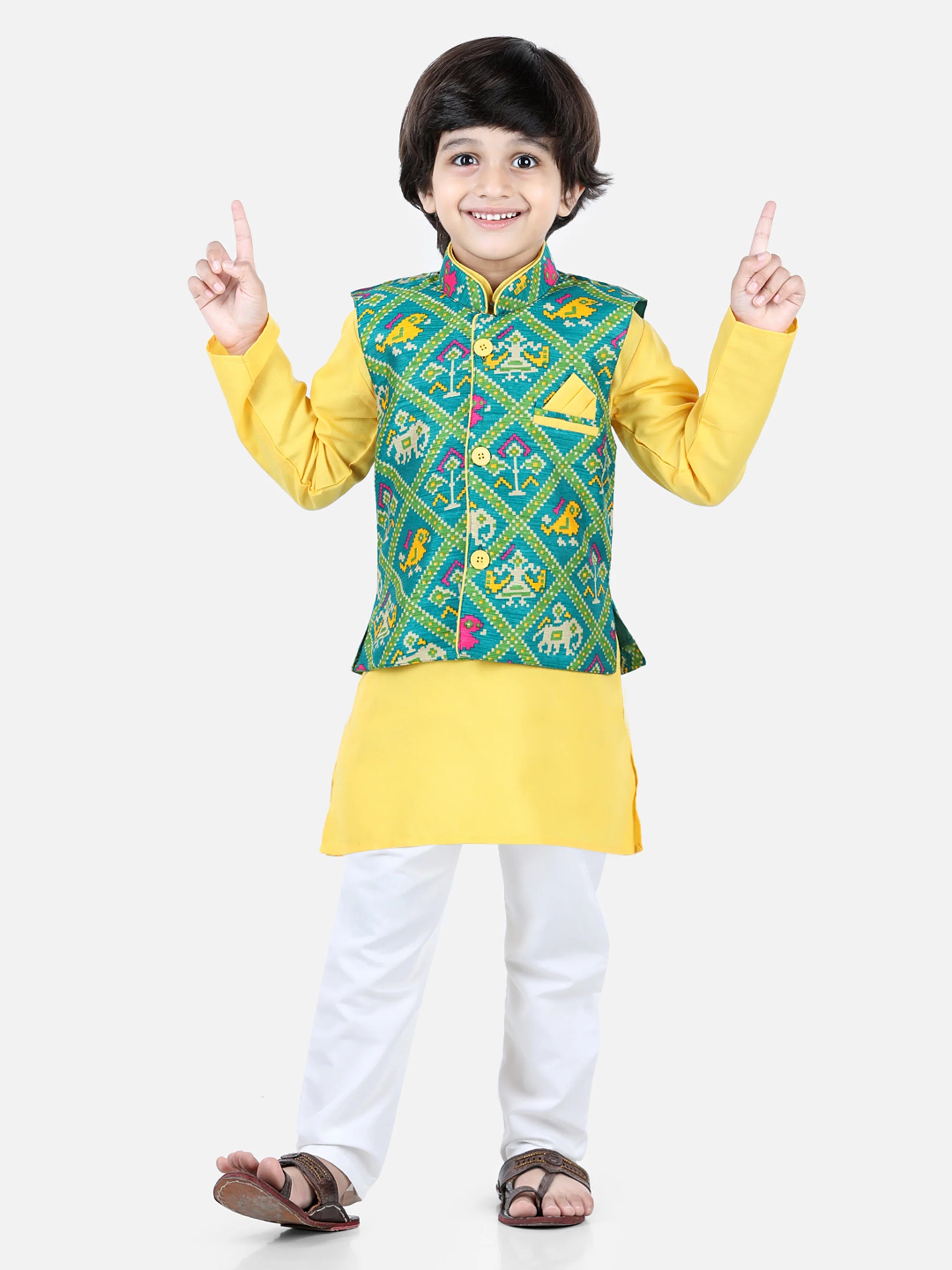 BownBee Sibling set of Patan Patola Jacket Kurta Pajama and Patch Top and Dhoti