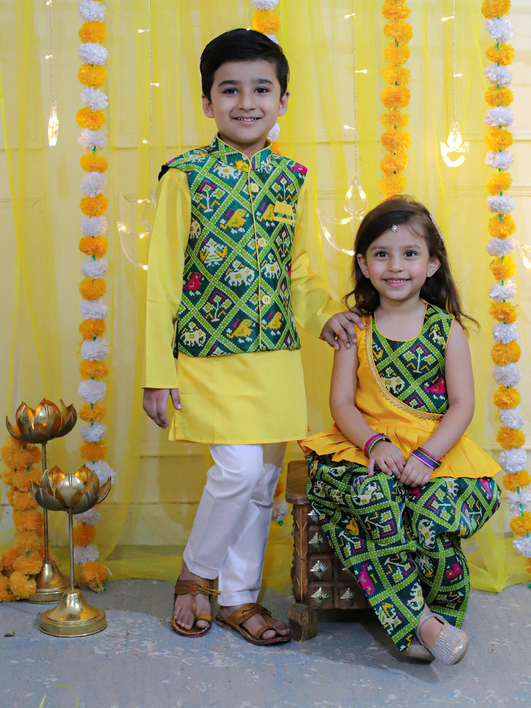 BownBee Sibling set of Patan Patola Jacket Kurta Pajama and Patch Top and Dhoti-Yellow