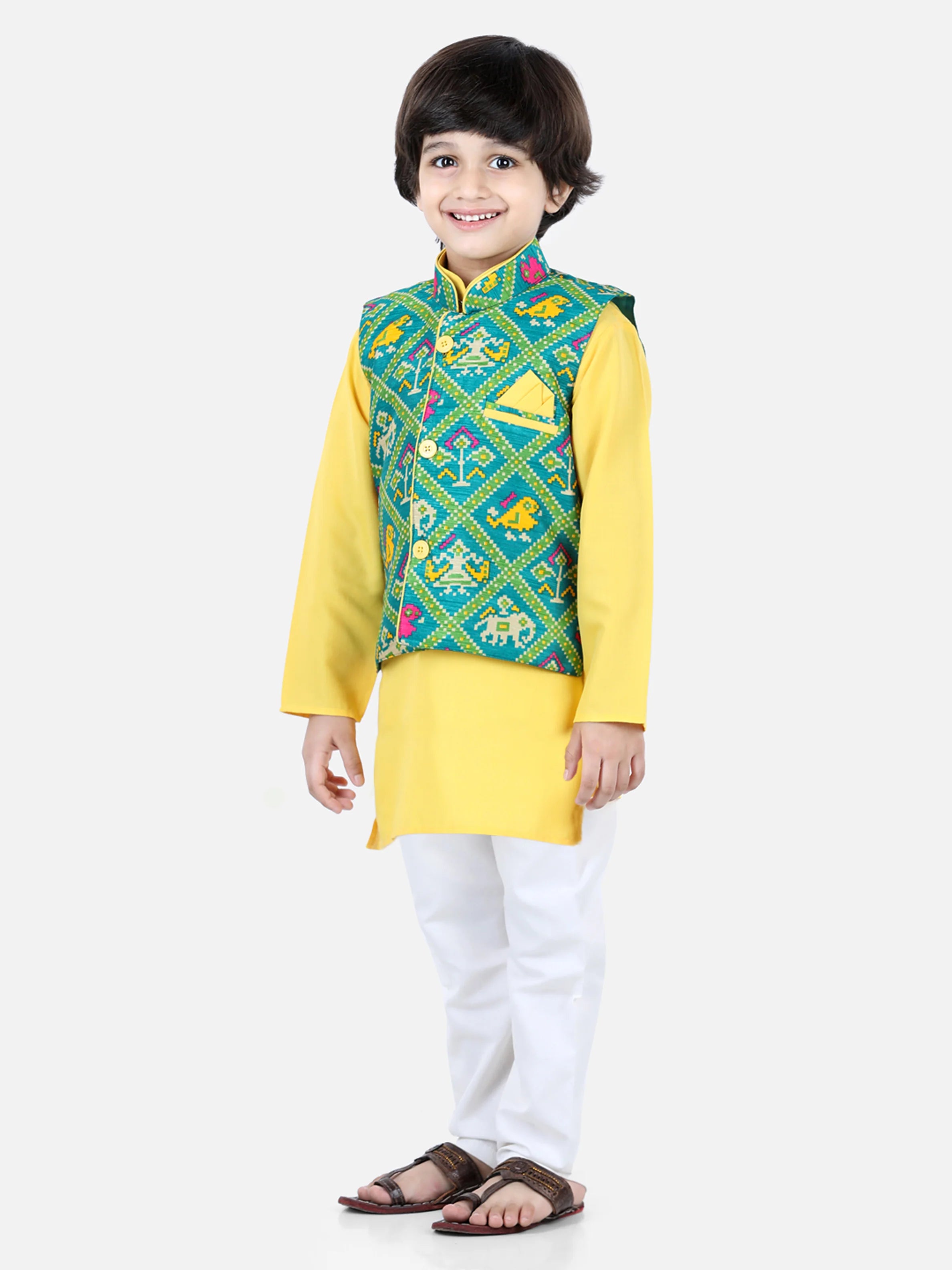 BownBee Sibling set of Patan Patola Jacket Kurta Pajama and Patch Top and Dhoti