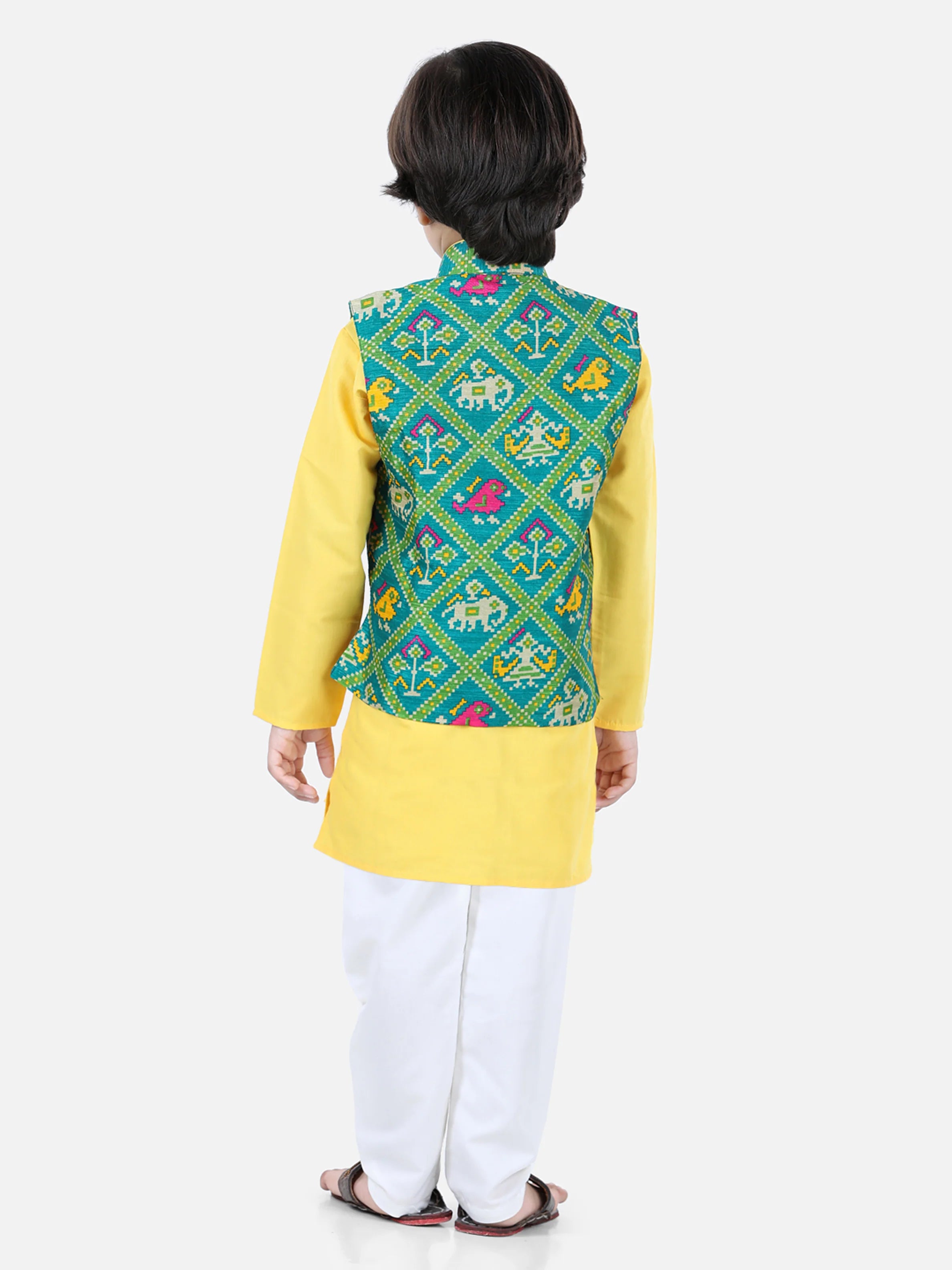 BownBee Sibling set of Patan Patola Jacket Kurta Pajama and Patch Top and Dhoti