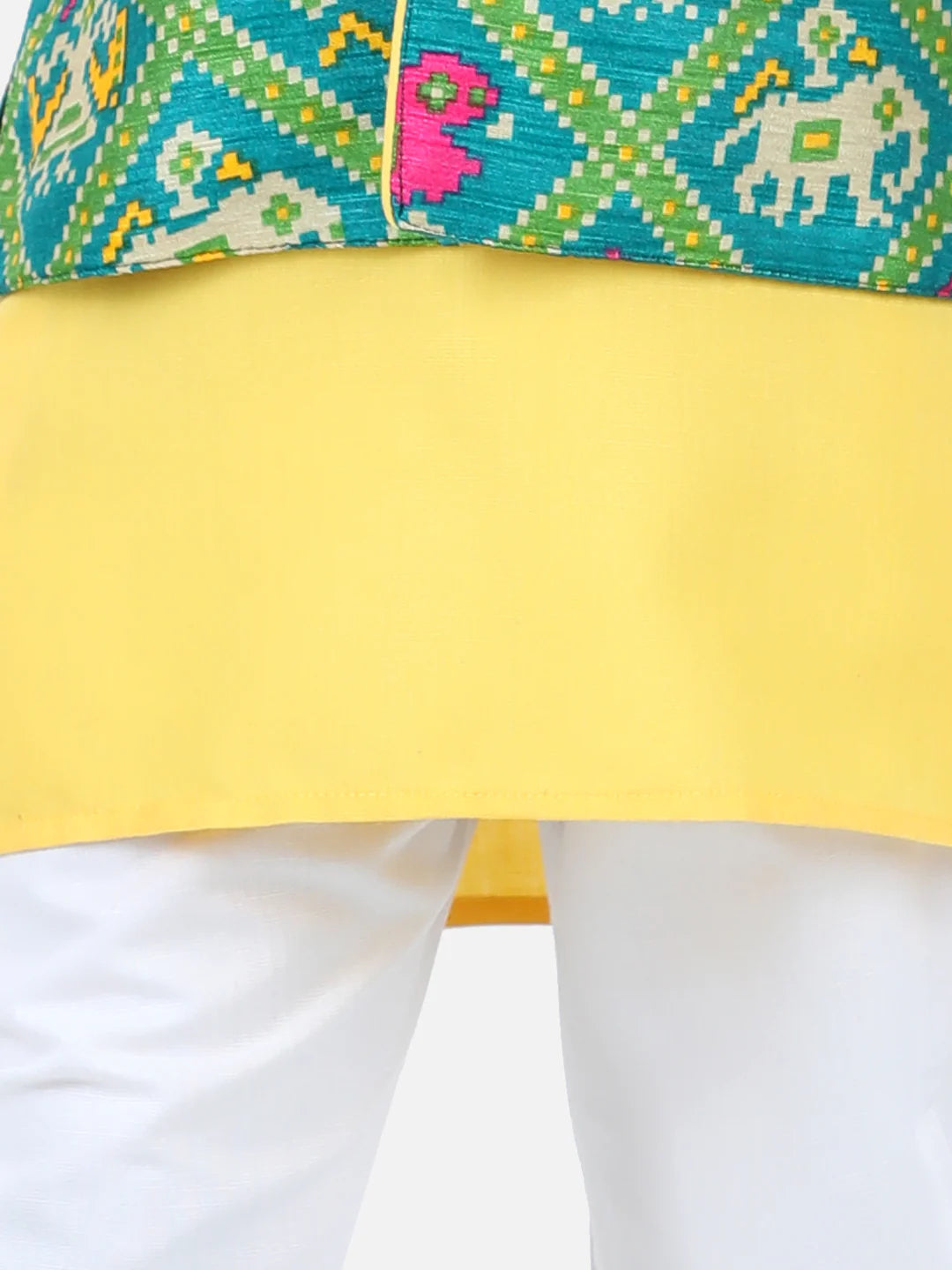 BownBee Sibling set of Patan Patola Jacket Kurta Pajama and Patch Top and Dhoti
