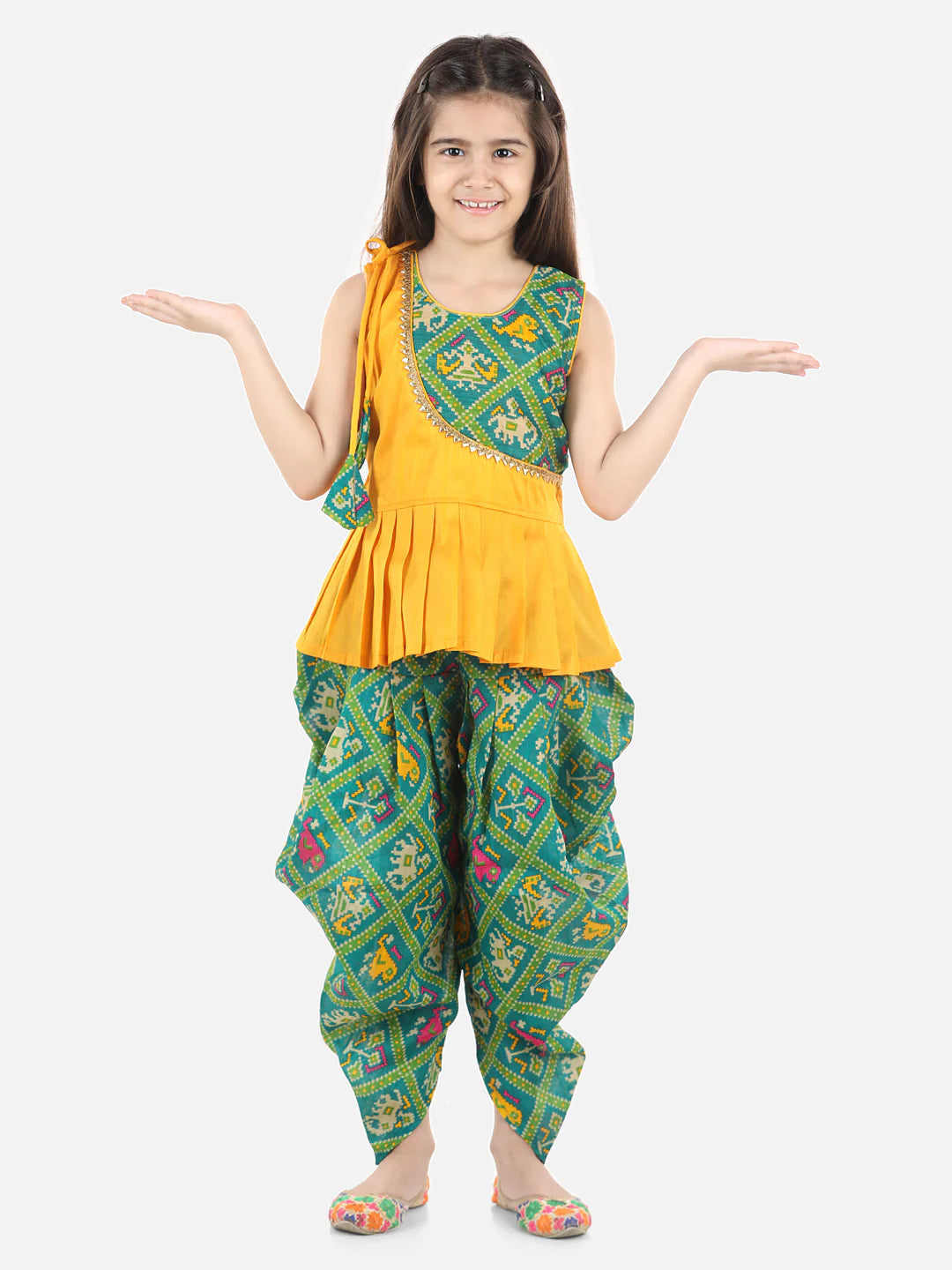 BownBee Sibling set of Patan Patola Jacket Kurta Pajama and Patch Top and Dhoti