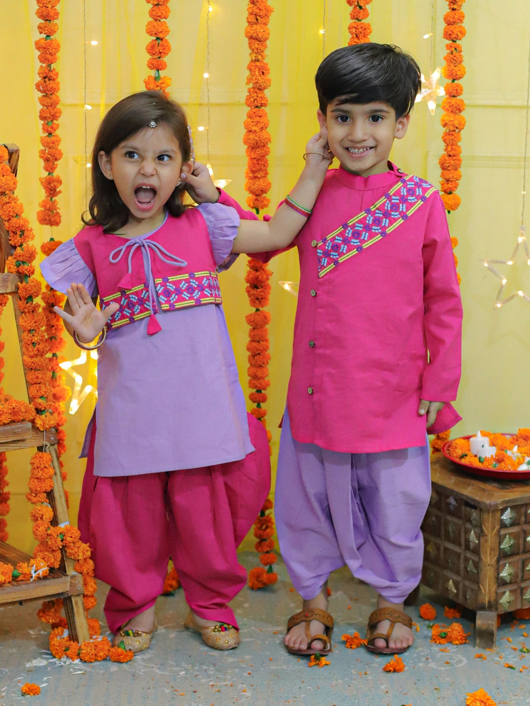 BownBee Sibling Set Embroidery Front Open Cotton Kurta with Dhoti for Boys